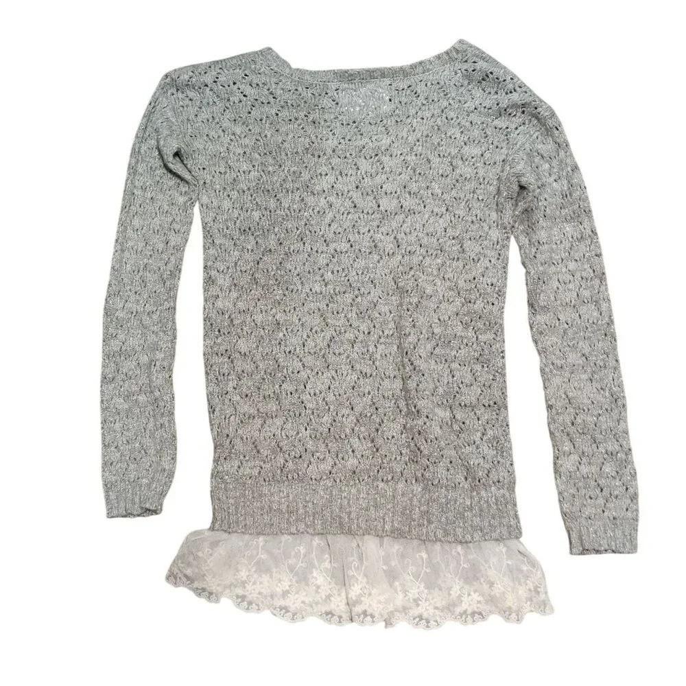 Justice 10 Girls Gray Knit Sweater Lace Hem Shimmer Open Stitch Long Sleeve Kids